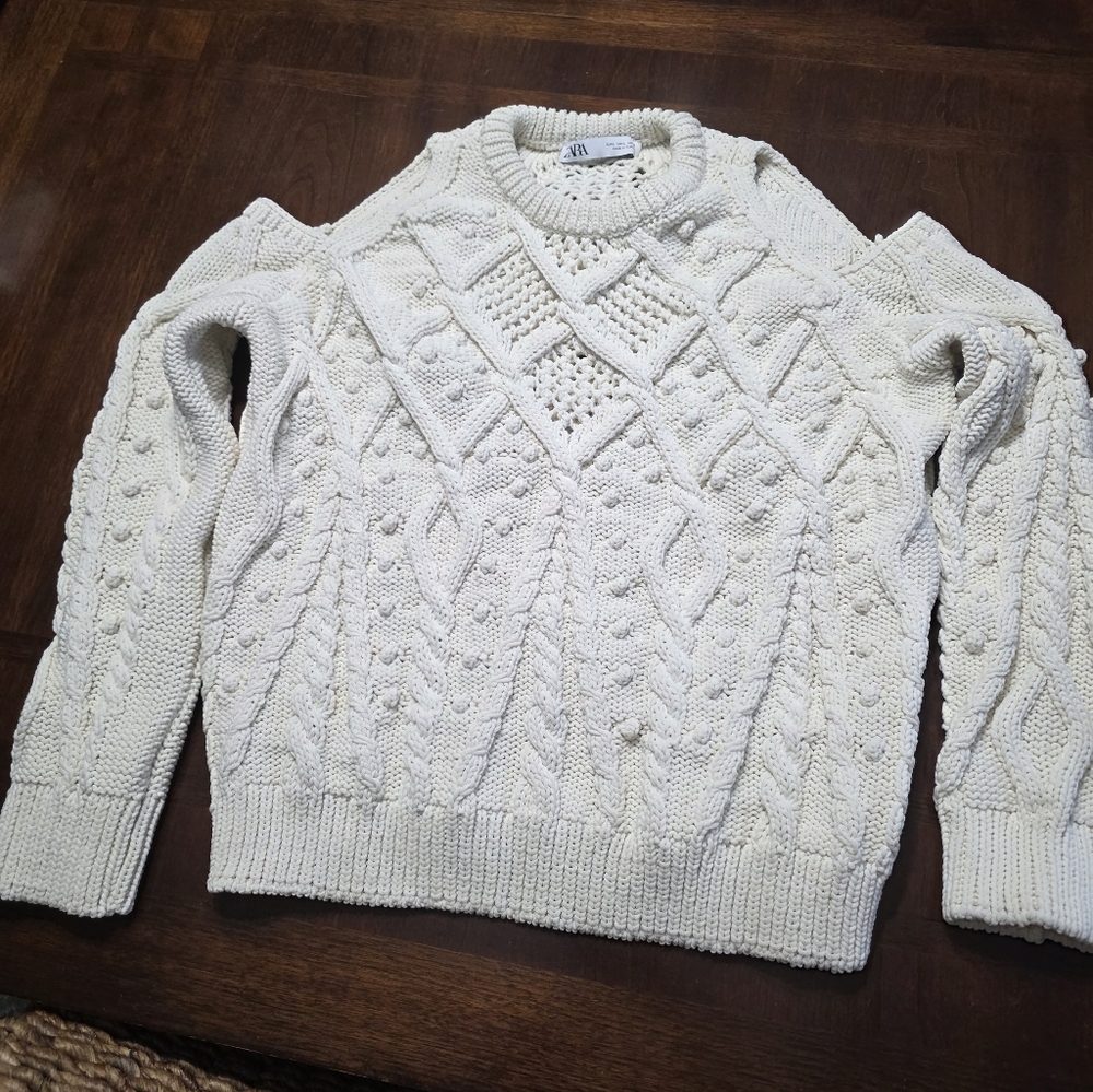 Zara Cream Knit Sweater with Shoulder Cutouts